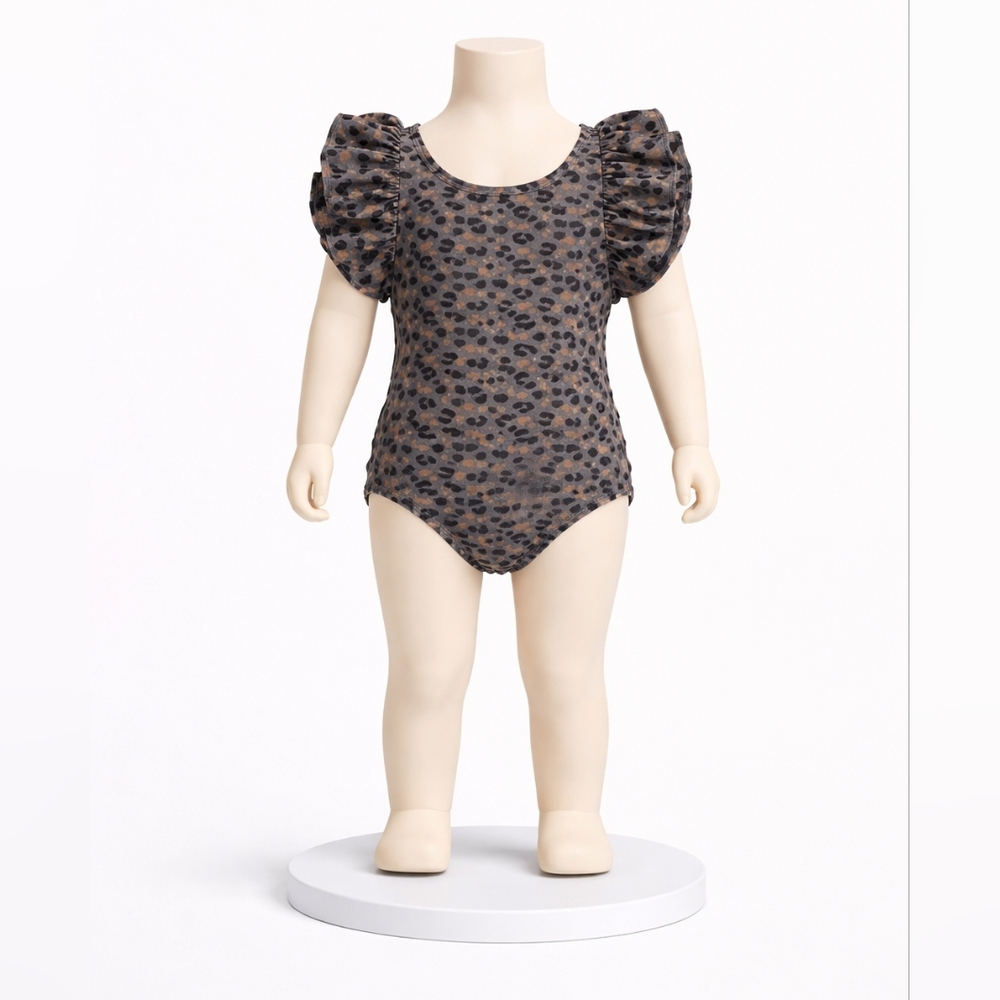 Girls' Grey Leopard Ruffle One-Piece Swimsuit